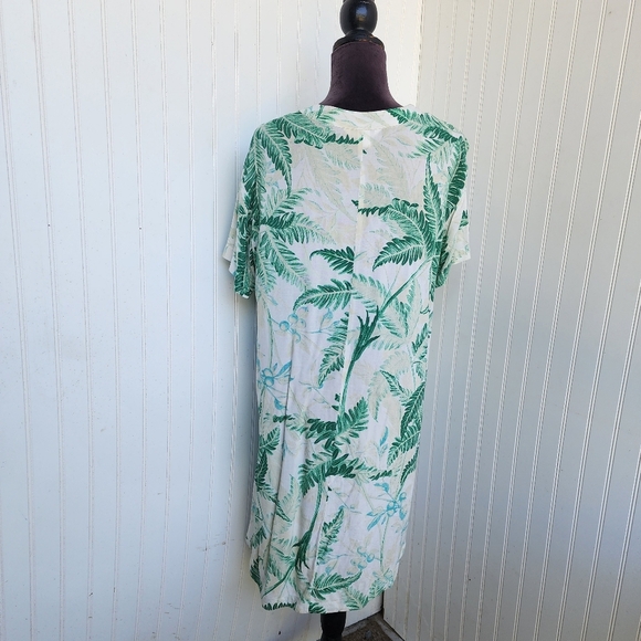 H&M White Green Viscose Short Sleeve Tropical Palm Leaf Tunic Dress Size S - Picture 6 of 11